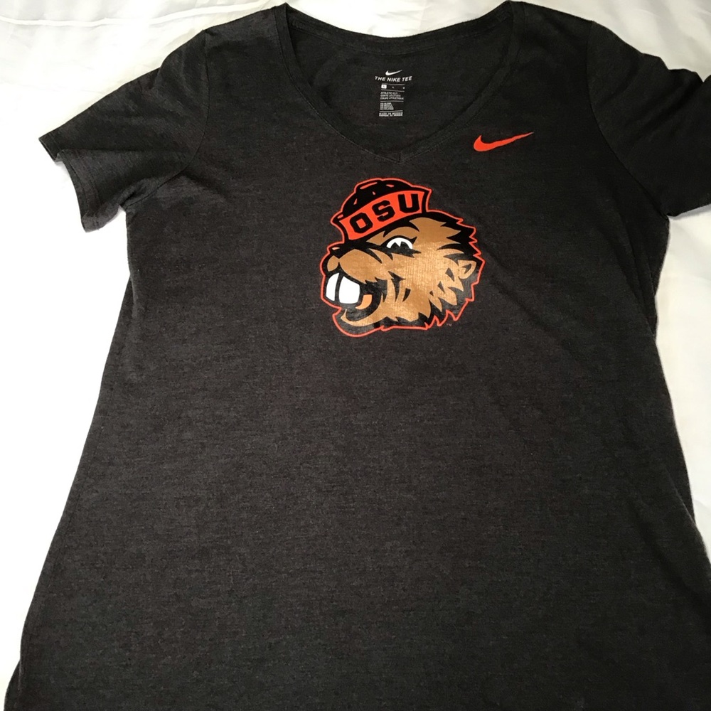 Nike Women's Heather Dark Grey and Orange Short Sleeve Tee